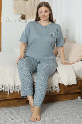 Flowery Nakışlı Kısa Kol Büyük Beden Pijama Takım Çağla Yeşili - Pijama