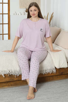 Flowery Nakışlı Kısa Kol Büyük Beden Pijama Takım Lila 