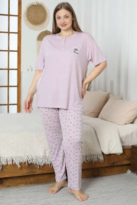 Flowery Nakışlı Kısa Kol Büyük Beden Pijama Takım Lila - Pijama