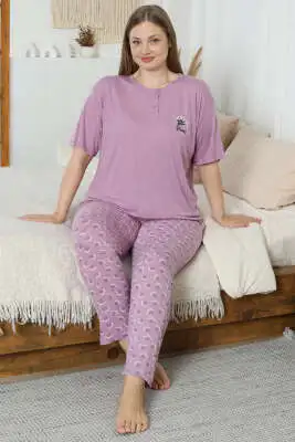Flowery Nakışlı Kısa Kol Büyük Beden Pijama Takım Magenta 