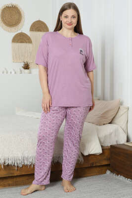 Flowery Nakışlı Kısa Kol Büyük Beden Pijama Takım Magenta - Pijama