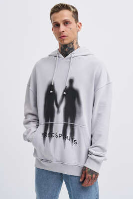 Free Sprit Baskılı Oversize Erkek Sweatshirt Gri - MACINIST