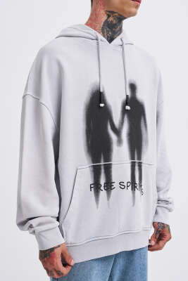 Free Sprit Baskılı Oversize Erkek Sweatshirt Gri - Erkek Sweatshirt