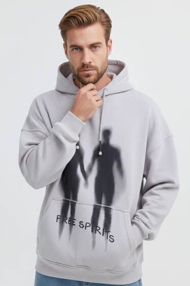 Free Sprit Baskılı Oversize Erkek Sweatshirt Gri - Erkek Sweatshirt