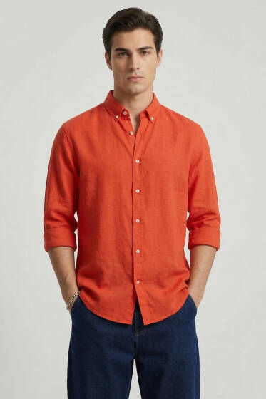 Fresh Keten Erkek Gömlek Kırmızı - Erkek Gömlek