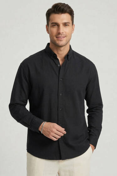 Fresh Keten Erkek Gömlek Siyah - Erkek Gömlek