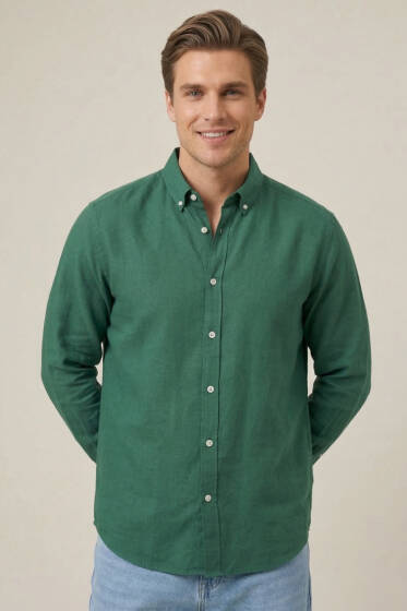 Fresh Keten Erkek Gömlek Zümrüt - Erkek Gömlek