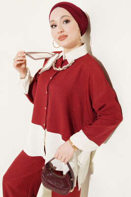 Fular Aksesuarlı Garnili İkili Takım Bordo - HATUN