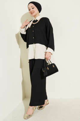 Fular Aksesuarlı Garnili İkili Takım Siyah - HATUN