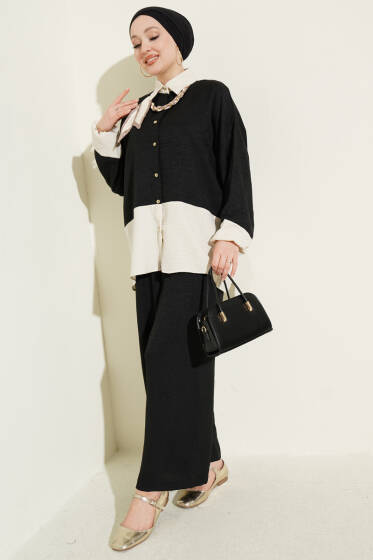 Fular Aksesuarlı Garnili İkili Takım Siyah - İkili Takım