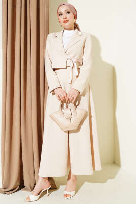 Fular Bağlamalı Etekli İkili Takım Bej - MD TREND