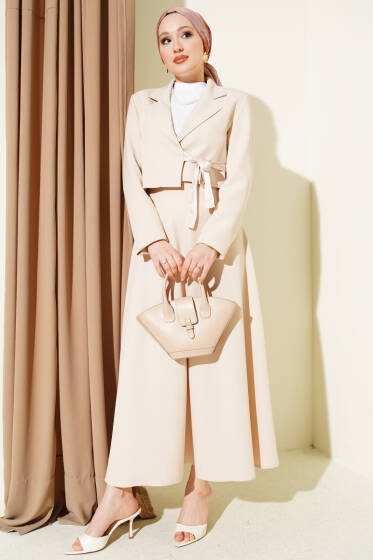 Fular Bağlamalı Etekli İkili Takım Bej - İkili Takım