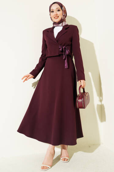 Fular Bağlamalı Etekli İkili Takım Burgonya - İkili Takım