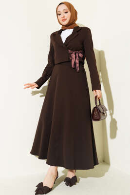Fular Bağlamalı Etekli İkili Takım Kahve - MD TREND