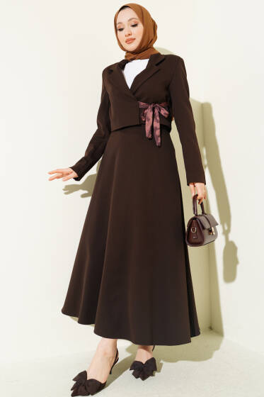 Fular Bağlamalı Etekli İkili Takım Kahve - İkili Takım