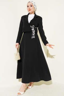 Fular Bağlamalı Etekli İkili Takım Siyah - MD TREND