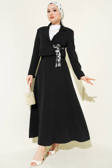 Fular Bağlamalı Etekli İkili Takım Siyah - İkili Takım