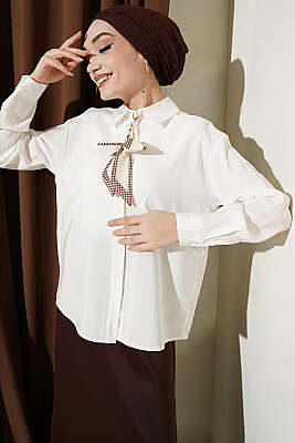 Fular Detaylı Basic Modal Gömlek Ekru 