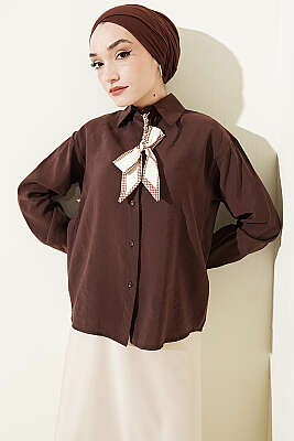 Fular Detaylı Basic Modal Gömlek Kahve 