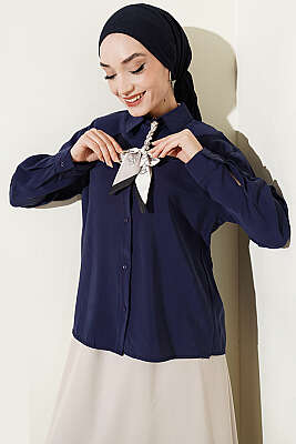 Fular Detaylı Basic Modal Gömlek Lacivert - Gömlek