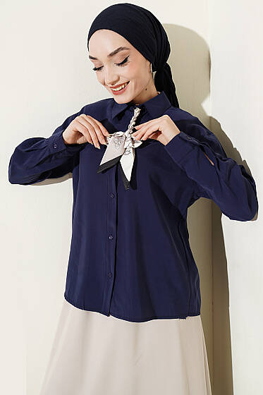 Fular Detaylı Basic Modal Gömlek Lacivert - Gömlek