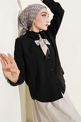 Fular Detaylı Basic Modal Gömlek Siyah 