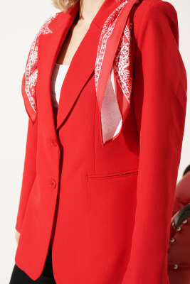 Fular Detaylı Blazer Ceket Kırmızı - Kadın Giyim Modelleri