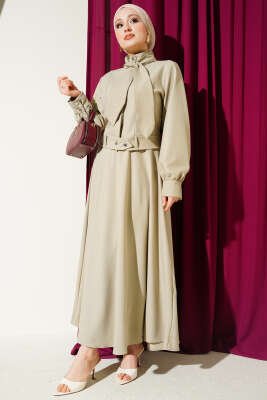 Fular Detaylı Ceket İkili Takım Bej - İkili Takım