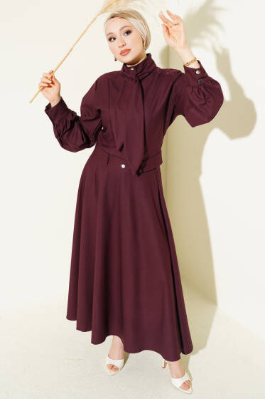 Fular Detaylı Ceket İkili Takım Bordo - İkili Takım