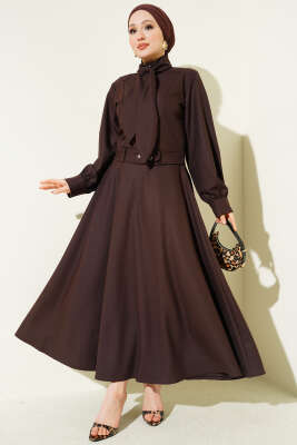 Fular Detaylı Ceket İkili Takım Kahve 