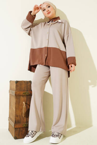 Fular Detaylı Garnili Loyşa İkili Takım Bej - İkili Takım