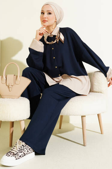Fular Detaylı Garnili Loyşa İkili Takım Lacivert - İkili Takım