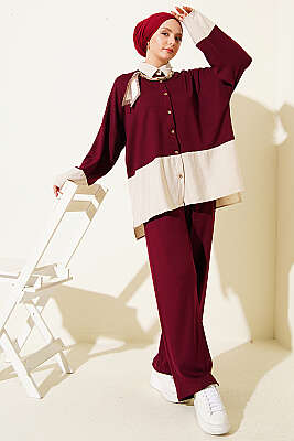 Fular Detaylı Garnili Loyşa İkili Takım Mürdüm - İkili Takım