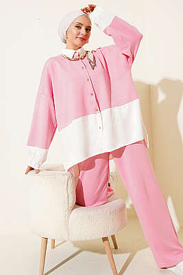 Fular Detaylı Garnili Loyşa İkili Takım Pembe - İkili Takım