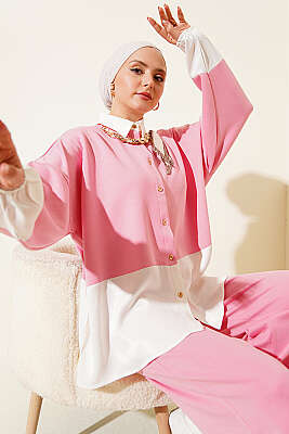 Fular Detaylı Garnili Loyşa İkili Takım Pembe - İkili Takım