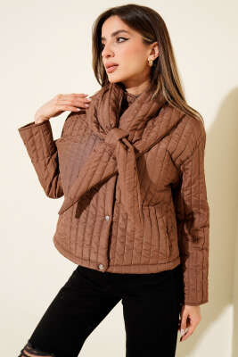 Fular Detaylı Kapitone Kısa Mont Kahve - Kadın Giyim Modelleri