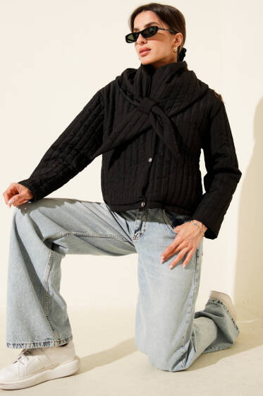 Fular Detaylı Kapitone Kısa Mont Siyah - Kadın Giyim Modelleri