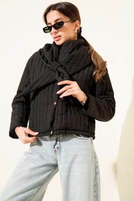 Fular Detaylı Kapitone Kısa Mont Siyah - Kadın Giyim Modelleri