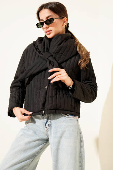 Fular Detaylı Kapitone Kısa Mont Siyah - Kadın Giyim Modelleri