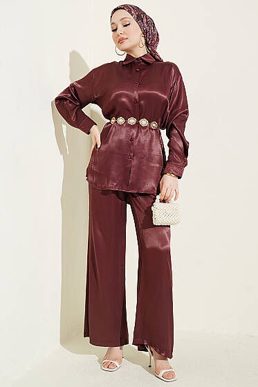 Fular Detaylı Saten İkili Takım Bordo - İkili Takım