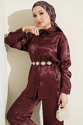 Fular Detaylı Saten İkili Takım Bordo - İkili Takım