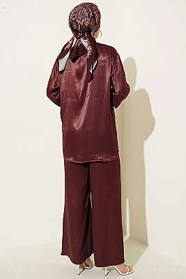 Fular Detaylı Saten İkili Takım Bordo - İkili Takım