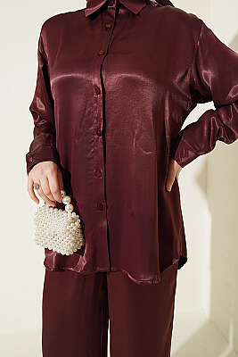 Fular Detaylı Saten İkili Takım Bordo - İkili Takım