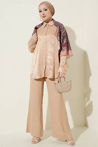 Fular Detaylı Saten İkili Takım Camel - İkili Takım