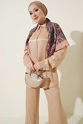 Fular Detaylı Saten İkili Takım Camel - İkili Takım