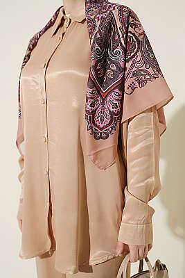 Fular Detaylı Saten İkili Takım Camel - İkili Takım