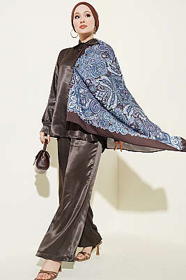 Fular Detaylı Saten İkili Takım Kahve - HATUN