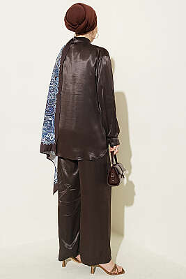 Fular Detaylı Saten İkili Takım Kahve - İkili Takım