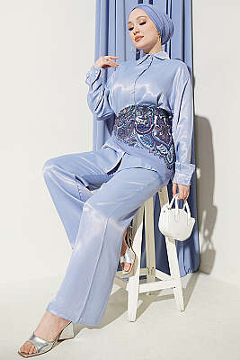 Fular Detaylı Saten İkili Takım Mavi - HATUN