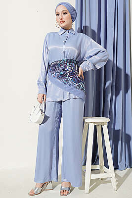 Fular Detaylı Saten İkili Takım Mavi - İkili Takım